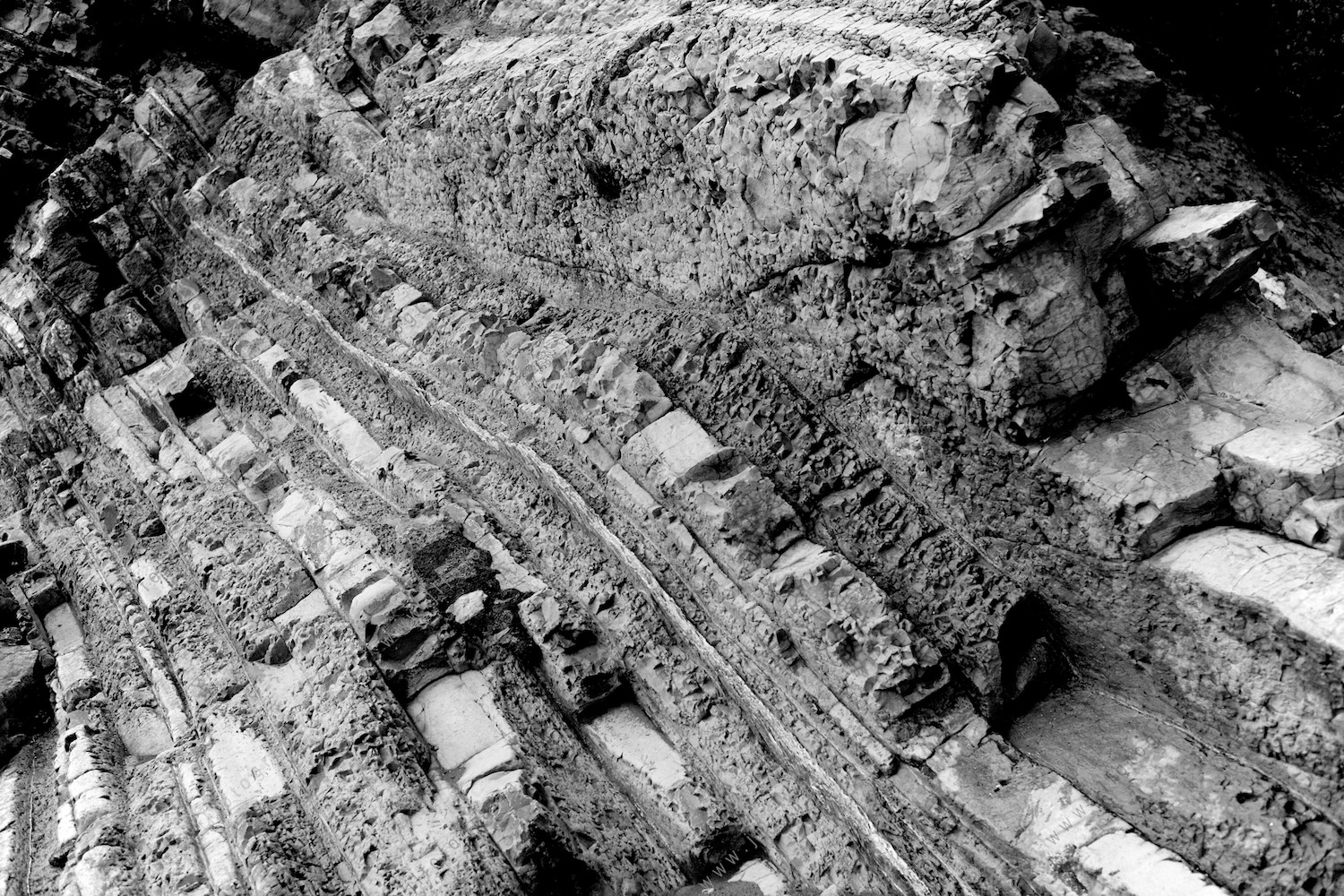 Las rocas del acantilado de la costa vasca, dibuja los estratos y betas como páginas de libro maltratado